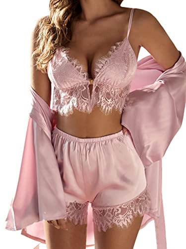 Verdusa Women's Satin Pajama Set 3 Piece Lace Trim Camisole and Shorts with Robe Pink L