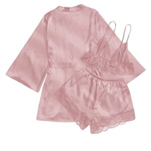 Verdusa Women's Satin Pajama Set 3 Piece Lace Trim Camisole and Shorts with Robe Pink L