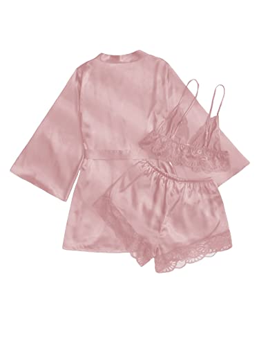 Verdusa Women's Satin Pajama Set 3 Piece Lace Trim Camisole and Shorts with Robe Pink L