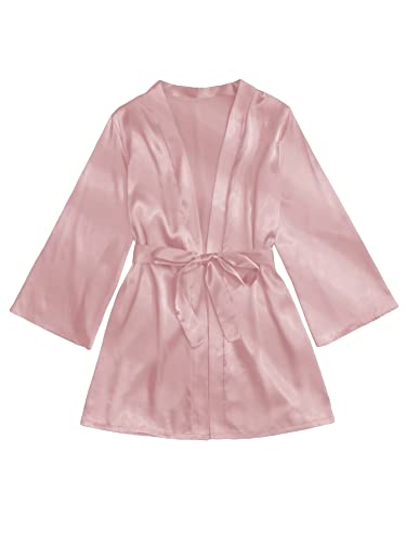 Verdusa Women's Satin Pajama Set 3 Piece Lace Trim Camisole and Shorts with Robe Pink L