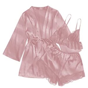 Verdusa Women's Satin Pajama Set 3 Piece Lace Trim Camisole and Shorts with Robe Pink L