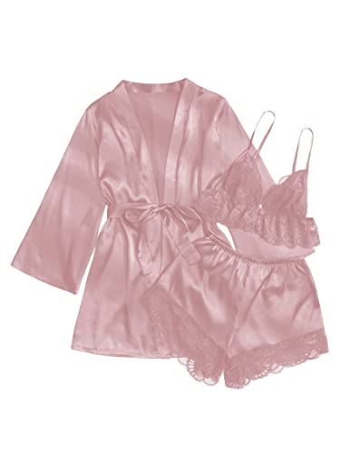 Verdusa Women's Satin Pajama Set 3 Piece Lace Trim Camisole and Shorts with Robe Pink L