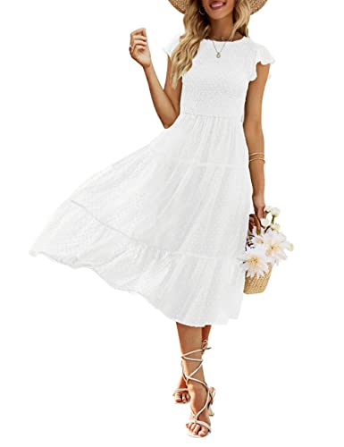 MEROKEETY Women's Summer Dresses for Women 2022 Swiss Dot Crew Neck Smocked Midi Dress,White,S