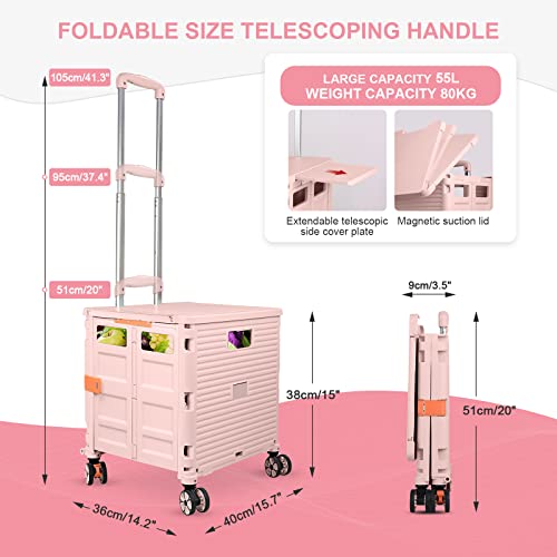 Foldable Utility Cart Folding Portable Rolling Crate with Magnetic Extended Lid,360°Rotate Wheels,176LBS Load Capacity,Heavy Duty Durable Dolly Cart for Teacher Tourist Shopping Office Outdoor