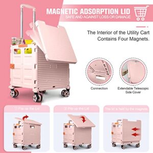 Foldable Utility Cart Folding Portable Rolling Crate with Magnetic Extended Lid,360°Rotate Wheels,176LBS Load Capacity,Heavy Duty Durable Dolly Cart for Teacher Tourist Shopping Office Outdoor