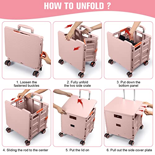 Foldable Utility Cart Folding Portable Rolling Crate with Magnetic Extended Lid,360°Rotate Wheels,176LBS Load Capacity,Heavy Duty Durable Dolly Cart for Teacher Tourist Shopping Office Outdoor