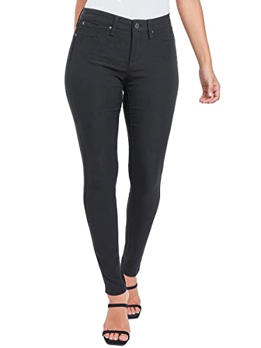 YMI Women’s Hyperstretch Skinny Pants, Mid Waisted Strech Pant, w/Zipper, 1-Button, Full Length, Stretchy, Non-Denim Jeans, Butt-Hugging, Bright Colors Black