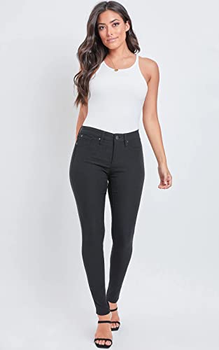 YMI Women’s Hyperstretch Skinny Pants, Mid Waisted Strech Pant, w/Zipper, 1-Button, Full Length, Stretchy, Non-Denim Jeans, Butt-Hugging, Bright Colors Black