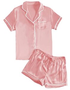 lyaner women's satin silky short sleeve button shirt sleepwear 2piece pajama set coral pink small
