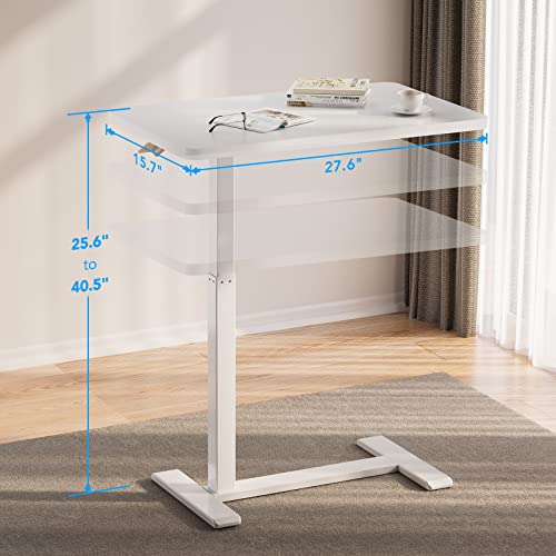 FLEXISPOT Medical Adjustable Overbed Bedside Table with Wheels Pneumatic Mobile Standing Desk Laptop Desk Rolling Computer Cart Movable Overbed Table Hospital Home Use(27.6" W x 15.7" D, White Table)