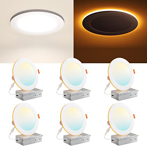 Amico 6 Pack 6 Inch 5CCT LED Recessed Ceiling Light with Night Light, 2700K/3000K/3500K/4000K/5000K Selectable Ultra-Thin Recessed Lighting, 12W=110W, 1100LM, Dimmable Canless Wafer Downlight - ETL