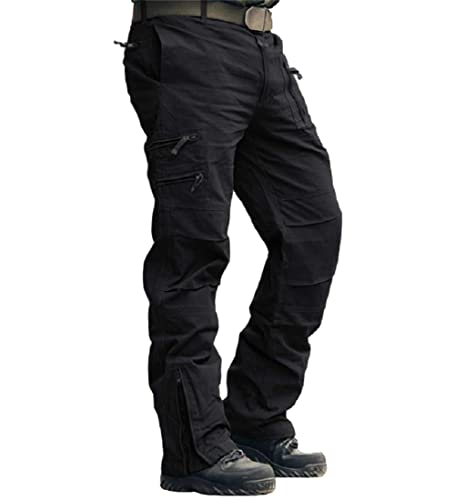 AKARMY Men's Work Pants, Cargo Pants for Men, Straight Tactical Pants, Work Travel Casual Pant with Multi Zipper Pockets 9920 Black 38