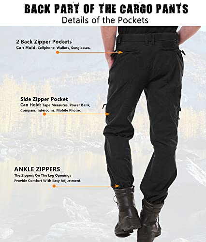 AKARMY Men's Work Pants, Cargo Pants for Men, Straight Tactical Pants, Work Travel Casual Pant with Multi Zipper Pockets 9920 Black 38