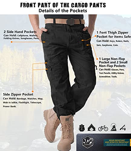 AKARMY Men's Work Pants, Cargo Pants for Men, Straight Tactical Pants, Work Travel Casual Pant with Multi Zipper Pockets 9920 Black 38