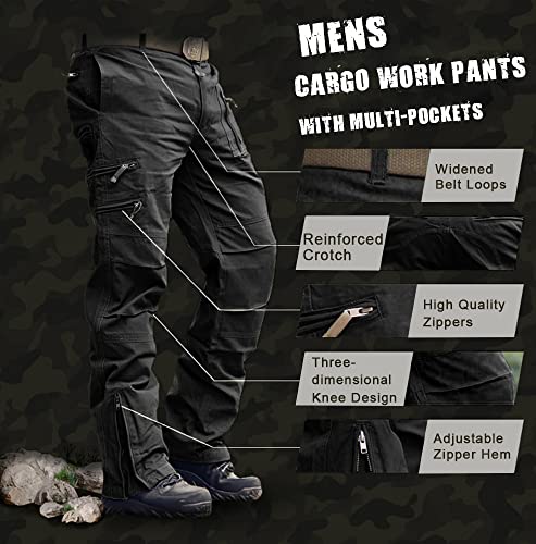 AKARMY Men's Work Pants, Cargo Pants for Men, Straight Tactical Pants, Work Travel Casual Pant with Multi Zipper Pockets 9920 Black 38