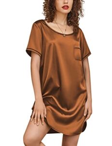 eshion womens silk nightgowns satin night shirts short sleeve pajama dress o neck nightwear with chest pocket khaki medium