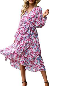 prettygarden women's floral print boho dress long sleeve wrap v neck ruffle belted a-line flowy maxi dresses (floral pink,large)