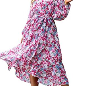 PRETTYGARDEN Women's Floral Print Boho Dress Long Sleeve Wrap V Neck Ruffle Belted A-Line Flowy Maxi Dresses (Floral Pink,Large)