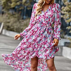 PRETTYGARDEN Women's Floral Print Boho Dress Long Sleeve Wrap V Neck Ruffle Belted A-Line Flowy Maxi Dresses (Floral Pink,Large)