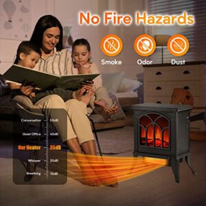 Electric Fireplace Heater, Infrared Space Heater with 3s Fast Heating, 1500W 750W 2 Modes, 3D Flame Effect, Overheat Tip-Over Protection, Brightness Adjustable, Safe Free Standing Stove Without Noise