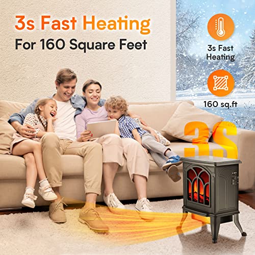 Electric Fireplace Heater, Infrared Space Heater with 3s Fast Heating, 1500W 750W 2 Modes, 3D Flame Effect, Overheat Tip-Over Protection, Brightness Adjustable, Safe Free Standing Stove Without Noise
