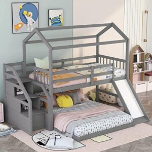 dnyn stairway twin over full bunk bed with slide and storage staircase for kids bedroom,house shaped wooden bedframe w/full-length guardrails,no box spring needed, gray
