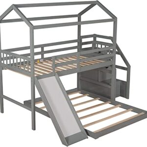 DNYN Stairway Twin Over Full Bunk Bed with Slide and Storage Staircase for Kids Bedroom,House Shaped Wooden Bedframe w/Full-Length Guardrails,No Box Spring Needed, Gray