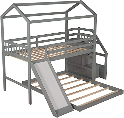 DNYN Stairway Twin Over Full Bunk Bed with Slide and Storage Staircase for Kids Bedroom,House Shaped Wooden Bedframe w/Full-Length Guardrails,No Box Spring Needed, Gray