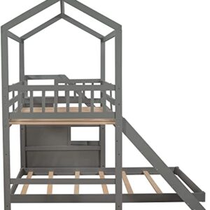 DNYN Stairway Twin Over Full Bunk Bed with Slide and Storage Staircase for Kids Bedroom,House Shaped Wooden Bedframe w/Full-Length Guardrails,No Box Spring Needed, Gray