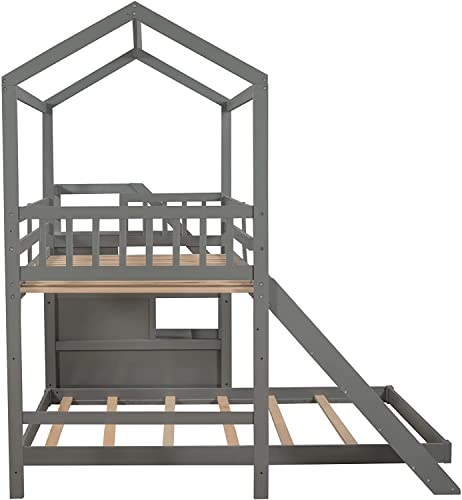 DNYN Stairway Twin Over Full Bunk Bed with Slide and Storage Staircase for Kids Bedroom,House Shaped Wooden Bedframe w/Full-Length Guardrails,No Box Spring Needed, Gray