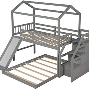 DNYN Stairway Twin Over Full Bunk Bed with Slide and Storage Staircase for Kids Bedroom,House Shaped Wooden Bedframe w/Full-Length Guardrails,No Box Spring Needed, Gray