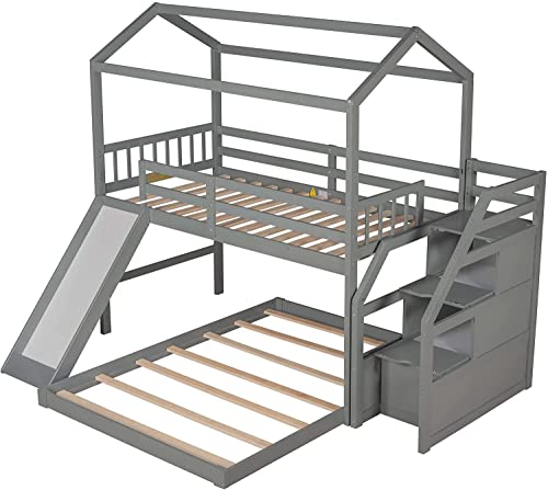 DNYN Stairway Twin Over Full Bunk Bed with Slide and Storage Staircase for Kids Bedroom,House Shaped Wooden Bedframe w/Full-Length Guardrails,No Box Spring Needed, Gray