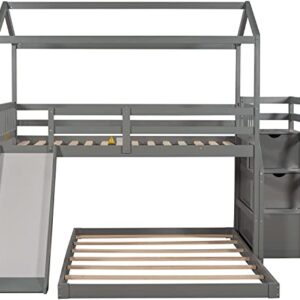 DNYN Stairway Twin Over Full Bunk Bed with Slide and Storage Staircase for Kids Bedroom,House Shaped Wooden Bedframe w/Full-Length Guardrails,No Box Spring Needed, Gray