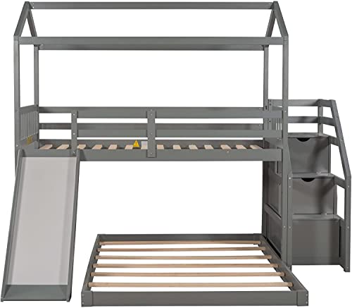 DNYN Stairway Twin Over Full Bunk Bed with Slide and Storage Staircase for Kids Bedroom,House Shaped Wooden Bedframe w/Full-Length Guardrails,No Box Spring Needed, Gray