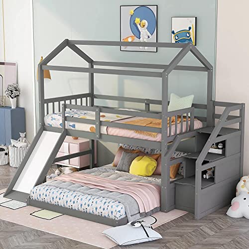 DNYN Stairway Twin Over Full Bunk Bed with Slide and Storage Staircase for Kids Bedroom,House Shaped Wooden Bedframe w/Full-Length Guardrails,No Box Spring Needed, Gray