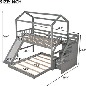 DNYN Stairway Twin Over Full Bunk Bed with Slide and Storage Staircase for Kids Bedroom,House Shaped Wooden Bedframe w/Full-Length Guardrails,No Box Spring Needed, Gray