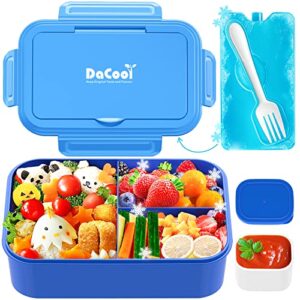 dacool kids bento box with ice pack chill kids lunch box 9.4 cup cold toddler bento lunch containers with 3+1 compartments fork for meal leakproof microwave & dishwasher safe bpa-free, blue