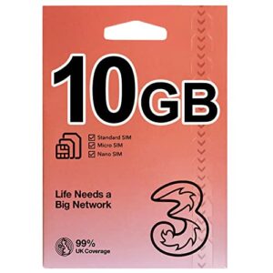 three europe prepaid sim card - 10gb data + unlimited calls and texts in uk, 12gb free roaming in 73 destinations, valid for 30 days, standard/micro/nano for iphone and android