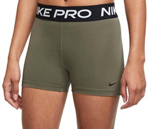 nike womens pro 3" shorts (medium olive/black/black, large)