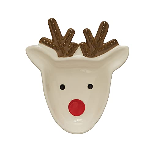 Creative Co-Op Ceramic Reindeer Plate, White, Brown and Red