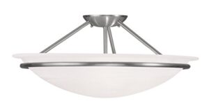 3 light brushed nickel ceiling light fixture with white alabaster glass shade