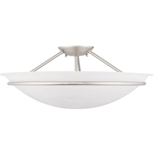 3 Light Brushed Nickel Ceiling Light Fixture with White Alabaster Glass Shade