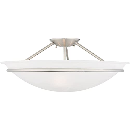 3 Light Brushed Nickel Ceiling Light Fixture with White Alabaster Glass Shade