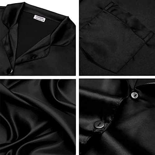 SWOMOG Women‘s Silk Satin Pajamas Set Long Sleeve Sleepwear Button Down Pjs Loungewear with Pocket Black