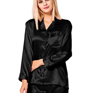 SWOMOG Women‘s Silk Satin Pajamas Set Long Sleeve Sleepwear Button Down Pjs Loungewear with Pocket Black
