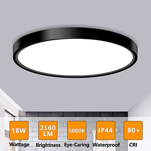 LED Flush Mount Ceiling Light Fixture, 9inch Modern Black LED Ceiling Light, 18W 5000K, Low Profile Slim Flat Surface Mount Ceiling Lights for Bedroom Kitchen Hallway Laundry Stairwell Basement Closet