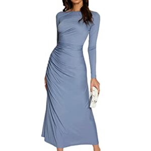 Floerns Women's Solid Boat Neck Long Sleeve Ruched Side Party A Line Long Dress Dusty Blue M