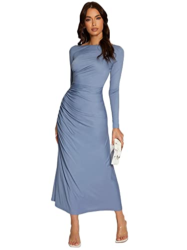 Floerns Women's Solid Boat Neck Long Sleeve Ruched Side Party A Line Long Dress Dusty Blue M