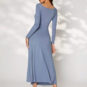 Floerns Women's Solid Boat Neck Long Sleeve Ruched Side Party A Line Long Dress Dusty Blue M