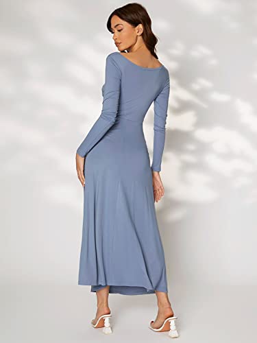 Floerns Women's Solid Boat Neck Long Sleeve Ruched Side Party A Line Long Dress Dusty Blue M